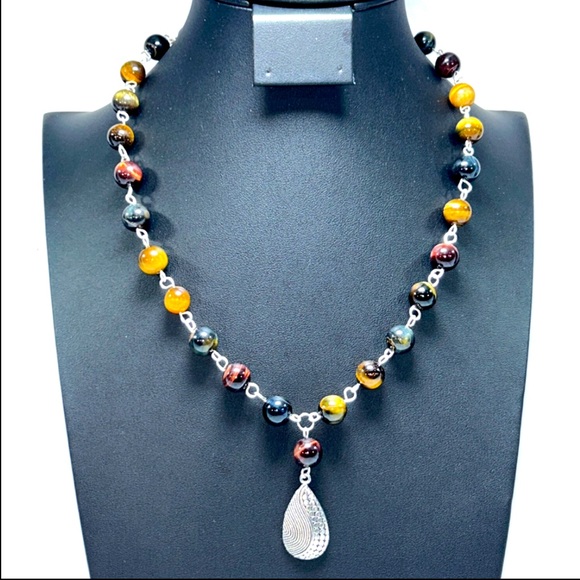 Handmade Bohemian Teardrop Pendant Necklace with Natural Tiger Eye Stones! - Picture 2 of 8